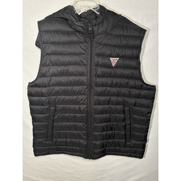 GUESS Men's XXL Black Puffer Vest Full Zip With Hood - Picture 1 of 10